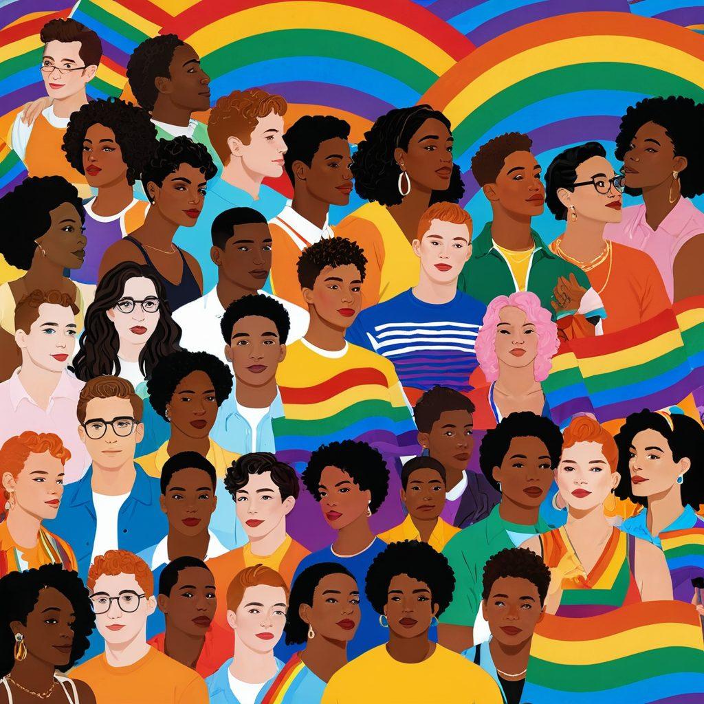 A vivid collage featuring iconic scenes from famous LGBTQ+ movies, showcasing diverse characters and vibrant rainbow colors. Include images of gay couples, pride flags, and streaming platforms like Netflix and Hulu. Emphasize inclusivity and celebration of queer culture. vector art. vibrant colors.